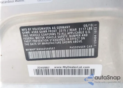 2010 Volkswagen Cc Luxury из США, поврежденный, VIN WVWHP7AN0AE566567